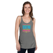 Women's racerback tank with "Weekend Forecast: Boating with a Chance of Drinking" in bright colors on the front.