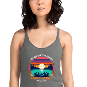 Racerback tank with "Friends Don't Let Friends Drink Alone at the Lake," featuring a lake and sunset design.