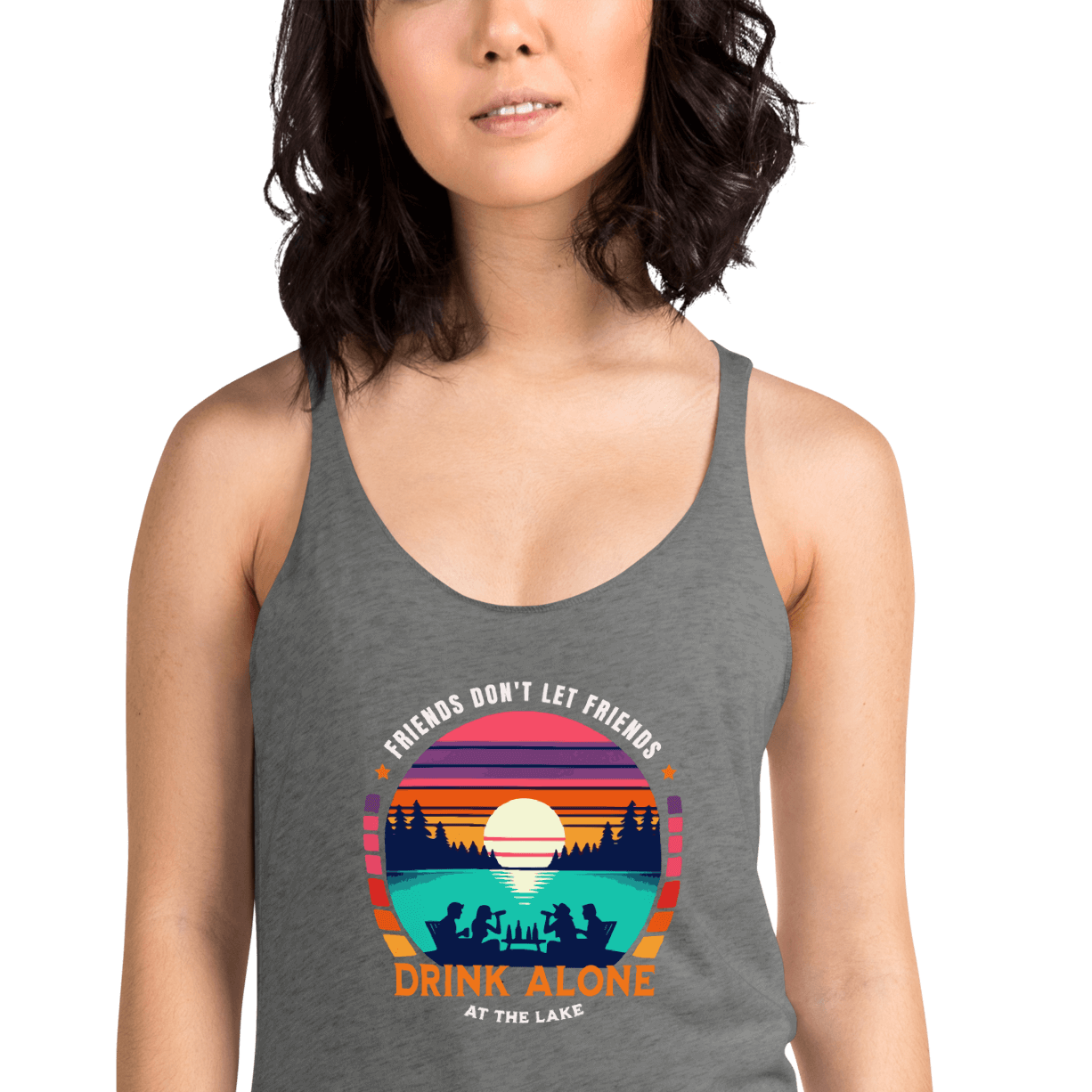 Racerback tank with "Friends Don't Let Friends Drink Alone at the Lake," featuring a lake and sunset design.