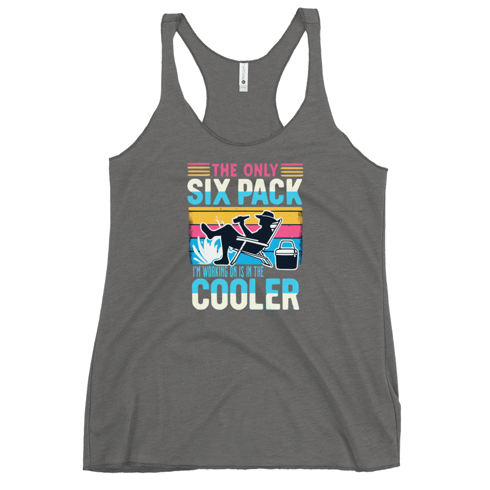 Racerback tank displaying "The Only Six-Pack I'm Working On Is In The Cooler" with a man in a beach chair and a beer.