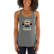 Racerback tank featuring "It's a Good Day to Drink at the Lake with Friends," with people on a boat, lake, and mountains in the background.