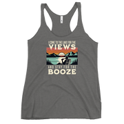 Racerback tank with "I Come to the Lake for the Views and Stay for the Booze," featuring a man in a beach chair, lake, and sunset.