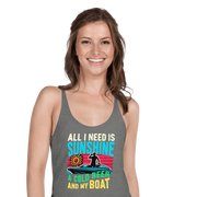 Racerback tank featuring "All I Need Is Sunshine, a Cold Beer, and My Boat," with a man in a boat and a retro sunset.