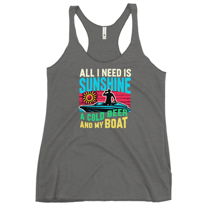 Racerback tank featuring "All I Need Is Sunshine, a Cold Beer, and My Boat," with a man in a boat and a retro sunset.