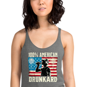 Racerback tank with '100% American Drunkard' text, man drinking a bottle of beer wearing a trucker hat, and distressed American flag background for the 4th of July