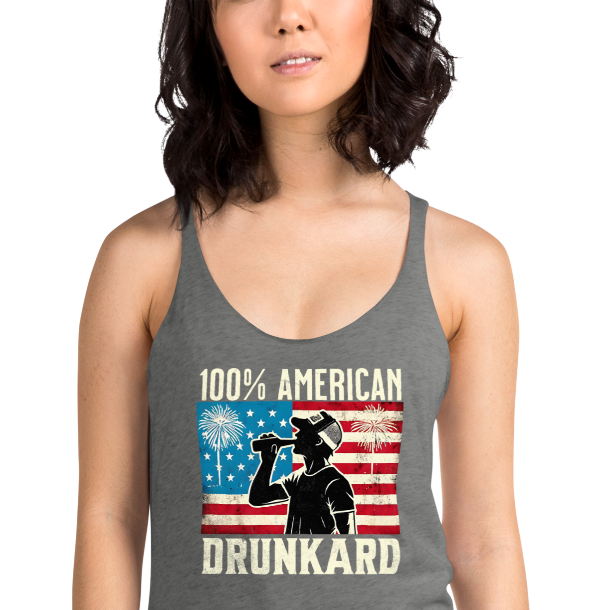 Racerback tank with '100% American Drunkard' text, man drinking a bottle of beer wearing a trucker hat, and distressed American flag background for the 4th of July