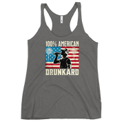 Racerback tank with '100% American Drunkard' text, man drinking a bottle of beer wearing a trucker hat, and distressed American flag background for the 4th of July