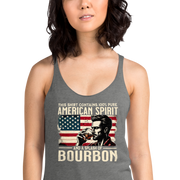 Racerback tank with 'This Shirt Contains 100% American Spirit and a Splash of Bourbon' text, man drinking a glass of bourbon, and distressed American flag background