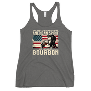 Racerback tank with 'This Shirt Contains 100% American Spirit and a Splash of Bourbon' text, man drinking a glass of bourbon, and distressed American flag background