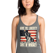 'Give Me Liberty or Give Me Whiskey' text, Statue of Liberty holding a shot glass, and distressed American flag background