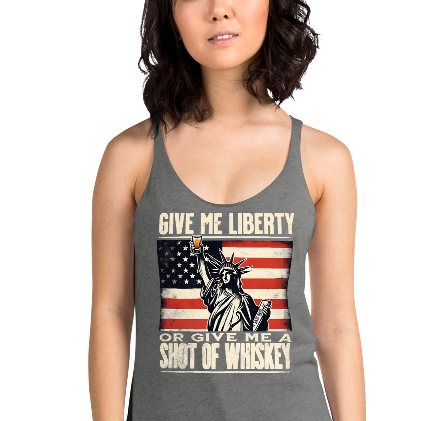 'Give Me Liberty or Give Me Whiskey' text, Statue of Liberty holding a shot glass, and distressed American flag background