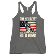 'Give Me Liberty or Give Me Whiskey' text, Statue of Liberty holding a shot glass, and distressed American flag background