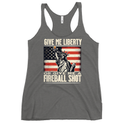 Racerback tank with Give Me Liberty or Give Me a Fireball Shot text, Statue of Liberty holding a shot glass, and distressed American flag background. Perfect for 4th of July.