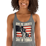 Racerback tank with Give Me Liberty or Give Me a Shot of Tequila text, Statue of Liberty holding a shot glass, and distressed American flag background. Perfect for 4th of July.