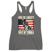 Racerback tank with Give Me Liberty or Give Me a Shot of Tequila text, Statue of Liberty holding a shot glass, and distressed American flag background. Perfect for 4th of July.