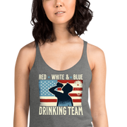 Racerback tank with Red White and Blue Drinking Team text, man drinking beer, and distressed American flag background. Perfect for 4th of July.