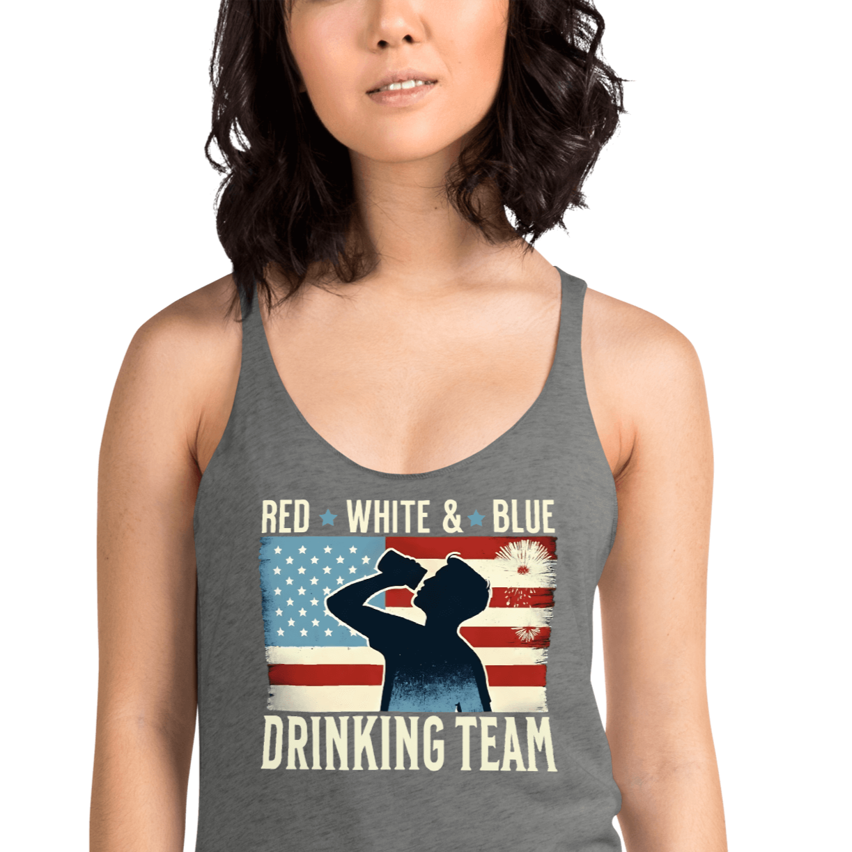 Racerback tank with Red White and Blue Drinking Team text, man drinking beer, and distressed American flag background. Perfect for 4th of July.