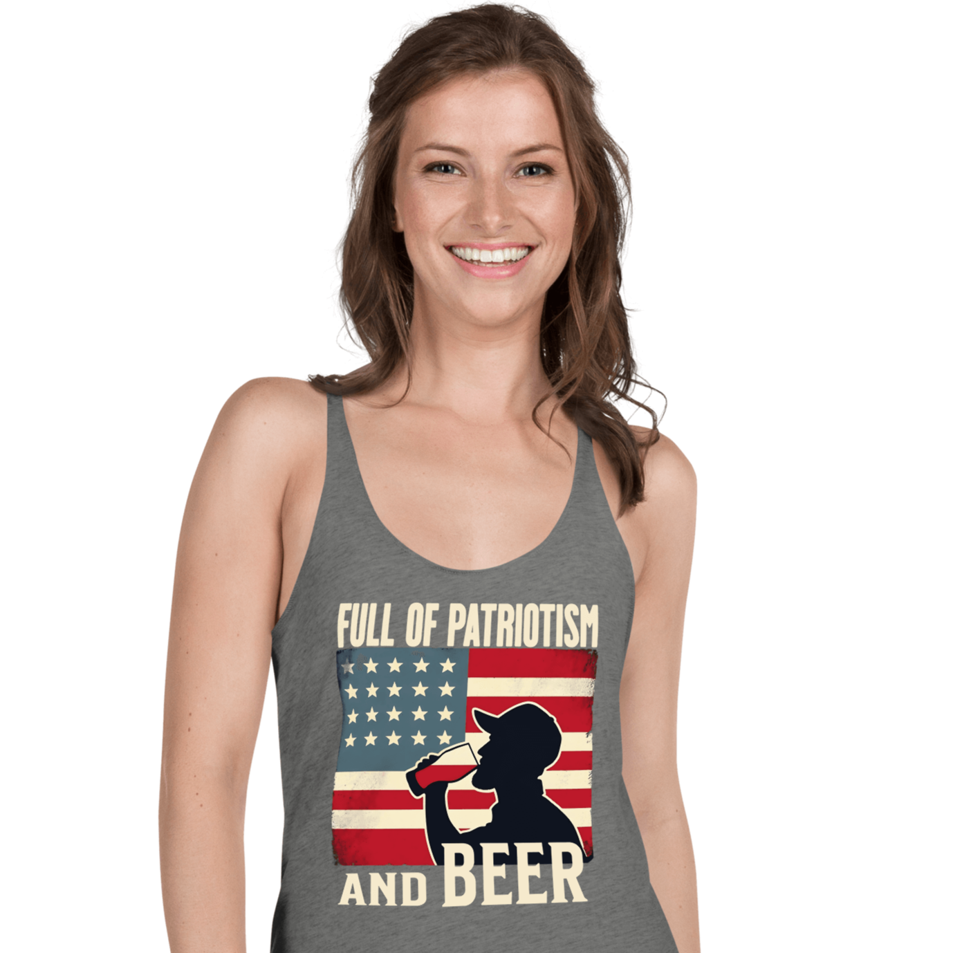Racerback tank with Full of Patriotism and Beer text and a distressed American flag background. Perfect for 4th of July.