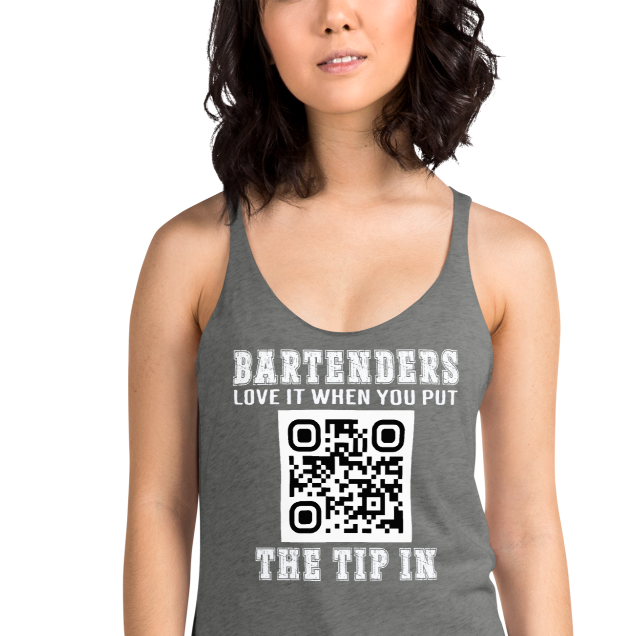 Customizable tank top for bartenders. Features a "Put the Tip In" phrase and a QR code for easy tipping. Ideal gift for bartenders.