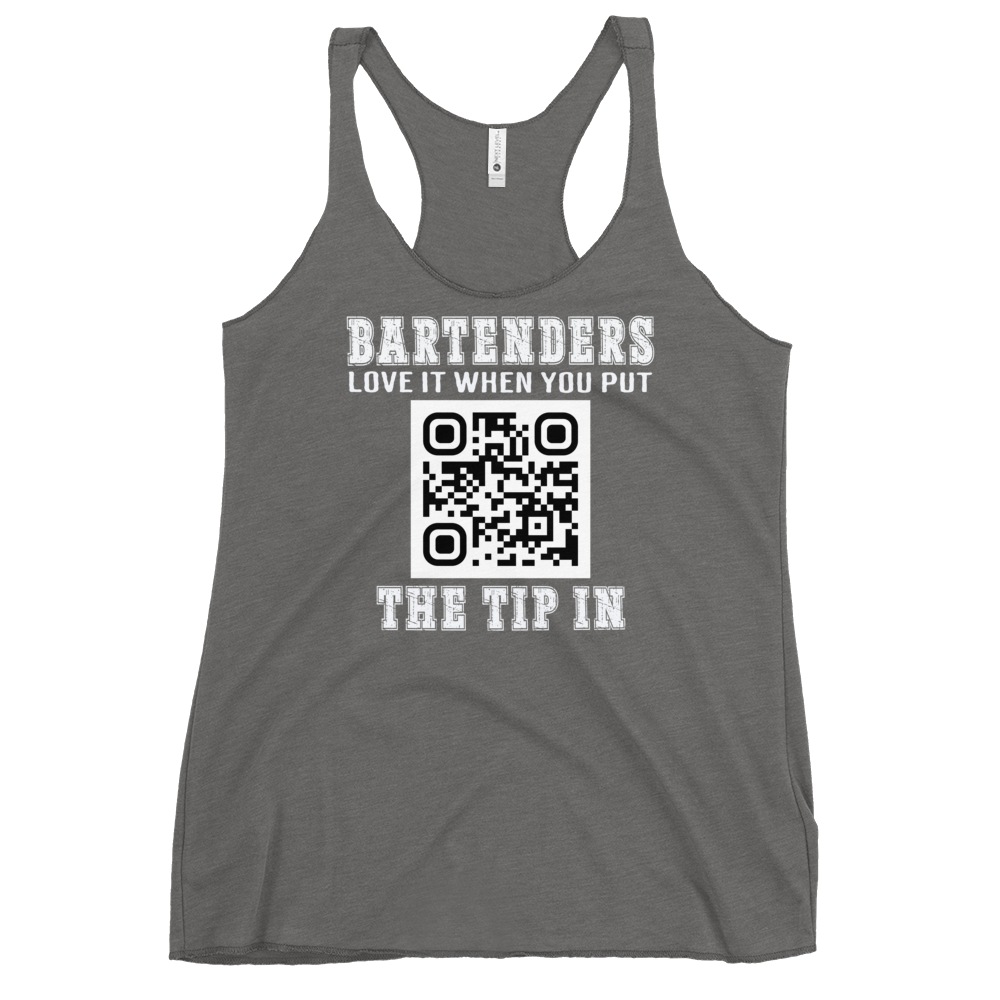 Customizable tank top for bartenders. Features a "Put the Tip In" phrase and a QR code for easy tipping. Ideal gift for bartenders.