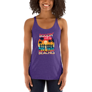 Women drinking cocktails on beach - 'Boozin' with My Beaches' racerback tank.