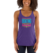 Women's racerback tank with "Weekend Forecast: Boating with a Chance of Drinking" in bright colors on the front.