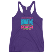 Women's racerback tank with "Weekend Forecast: Boating with a Chance of Drinking" in bright colors on the front.