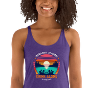 Racerback tank with "Friends Don't Let Friends Drink Alone at the Lake," featuring a lake and sunset design.