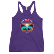 Racerback tank with "Friends Don't Let Friends Drink Alone at the Lake," featuring a lake and sunset design.