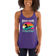 Racerback tank with "Boar Hair Don't Care, But Where's My Drink?" featuring a woman on a jet ski against a sunset.