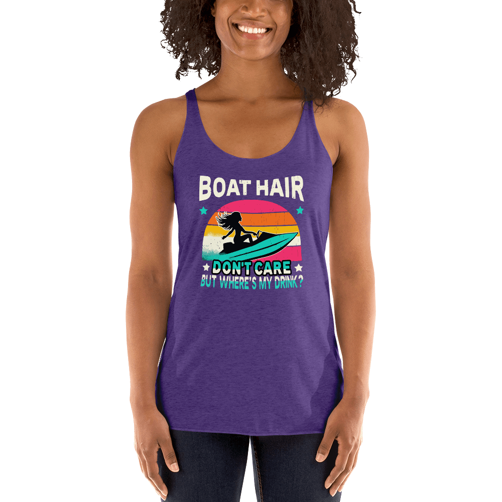 Racerback tank with "Boar Hair Don't Care, But Where's My Drink?" featuring a woman on a jet ski against a sunset.