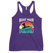 Racerback tank with "Boar Hair Don't Care, But Where's My Drink?" featuring a woman on a jet ski against a sunset.