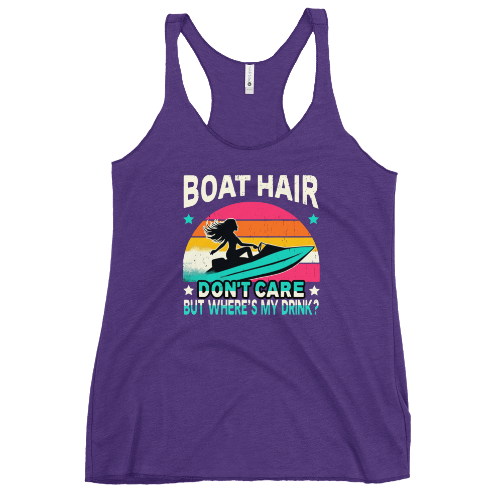 Racerback tank with "Boar Hair Don't Care, But Where's My Drink?" featuring a woman on a jet ski against a sunset.