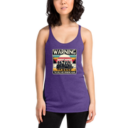 Racerback tank featuring "Warning: The Girls Are Drinking Again" with an illustration of girls drinking on a pontoon boat at sunset.