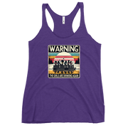 Racerback tank featuring "Warning: The Girls Are Drinking Again" with an illustration of girls drinking on a pontoon boat at sunset.