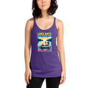 Racerback tank with "Lake Days Are Made for Sipping and Dipping," featuring a woman on a tube float with a cocktail, against a lake and sunset.