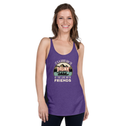 Racerback tank featuring "It's a Good Day to Drink at the Lake with Friends," with people on a boat, lake, and mountains in the background.