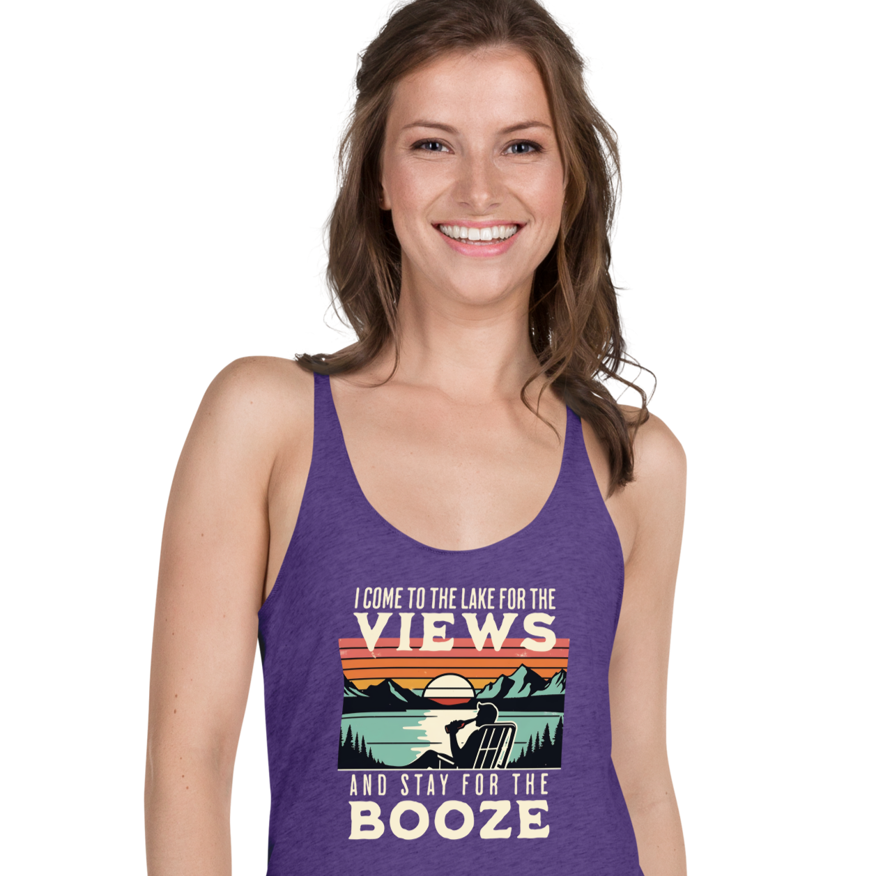 Racerback tank with "I Come to the Lake for the Views and Stay for the Booze," featuring a man in a beach chair, lake, and sunset.