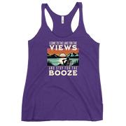 Racerback tank with "I Come to the Lake for the Views and Stay for the Booze," featuring a man in a beach chair, lake, and sunset.