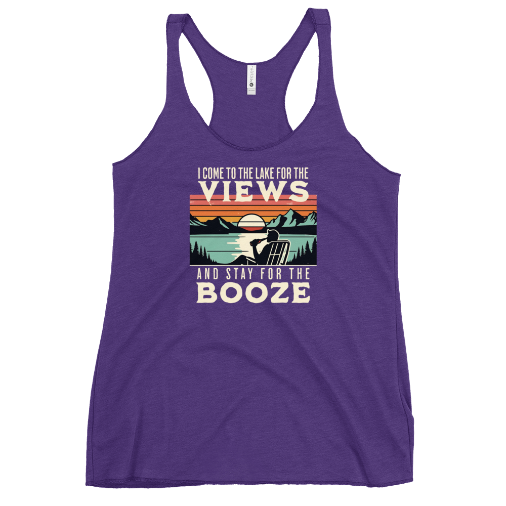 Racerback tank with "I Come to the Lake for the Views and Stay for the Booze," featuring a man in a beach chair, lake, and sunset.