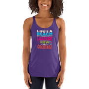 Racerback tank with "Life's a Beach but I Prefer It with a Lakeside View and a Cocktail" in bright, lively colors.