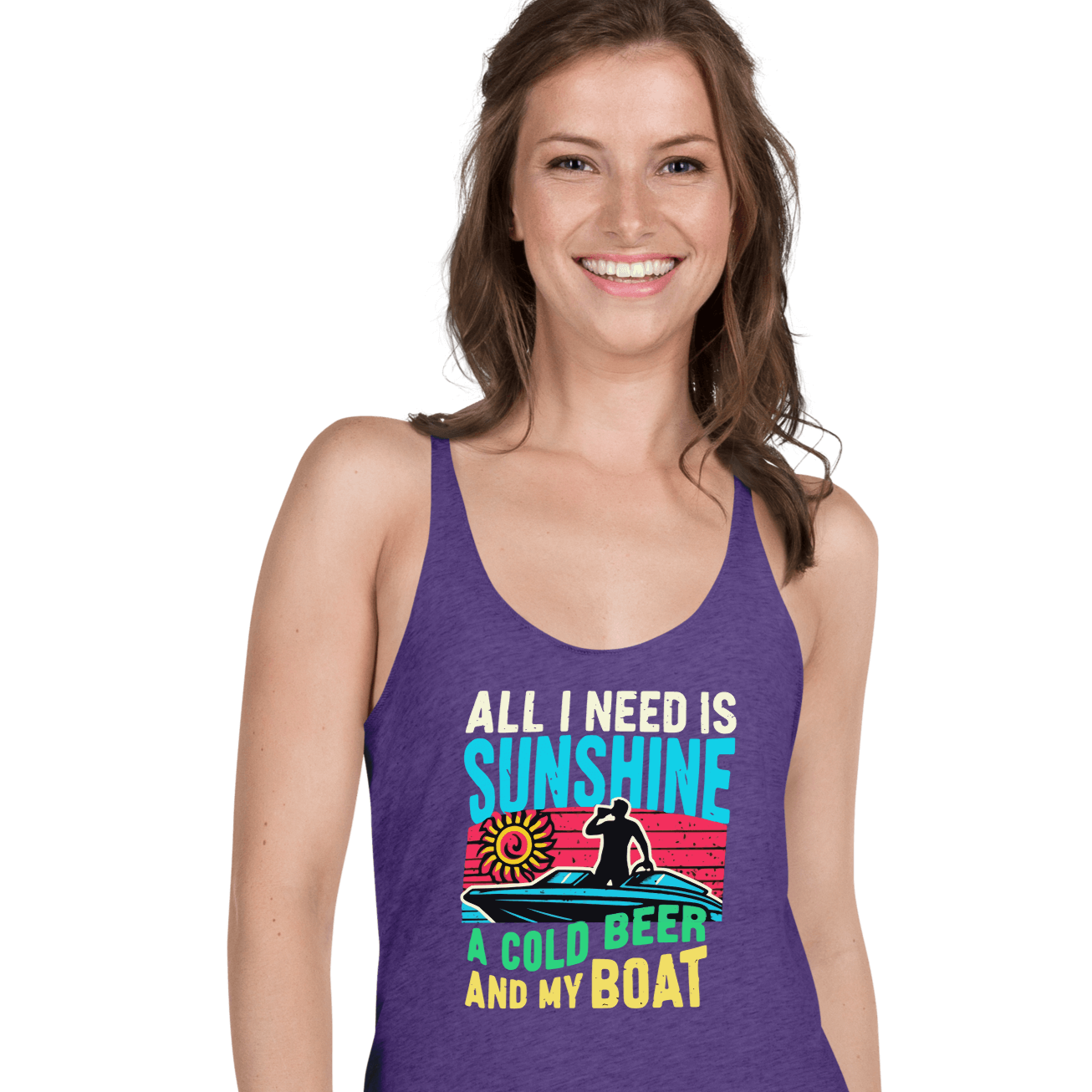 Racerback tank featuring "All I Need Is Sunshine, a Cold Beer, and My Boat," with a man in a boat and a retro sunset.