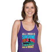 Racerback tank featuring "All I Need Is Sunshine, a Cold Beer, and My Boat," with a man in a boat and a retro sunset.