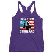 Racerback tank with '100% American Drunkard' text, man drinking a bottle of beer wearing a trucker hat, and distressed American flag background for the 4th of July