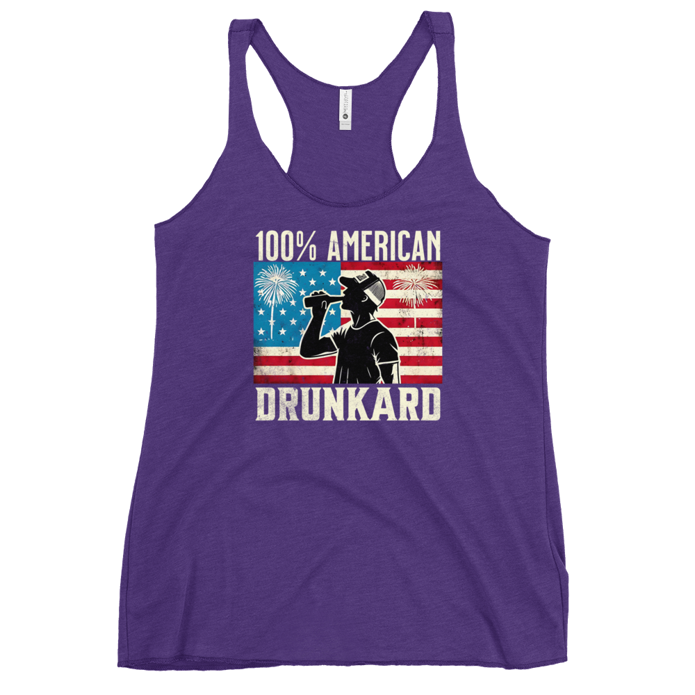 Racerback tank with '100% American Drunkard' text, man drinking a bottle of beer wearing a trucker hat, and distressed American flag background for the 4th of July