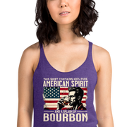 Racerback tank with 'This Shirt Contains 100% American Spirit and a Splash of Bourbon' text, man drinking a glass of bourbon, and distressed American flag background