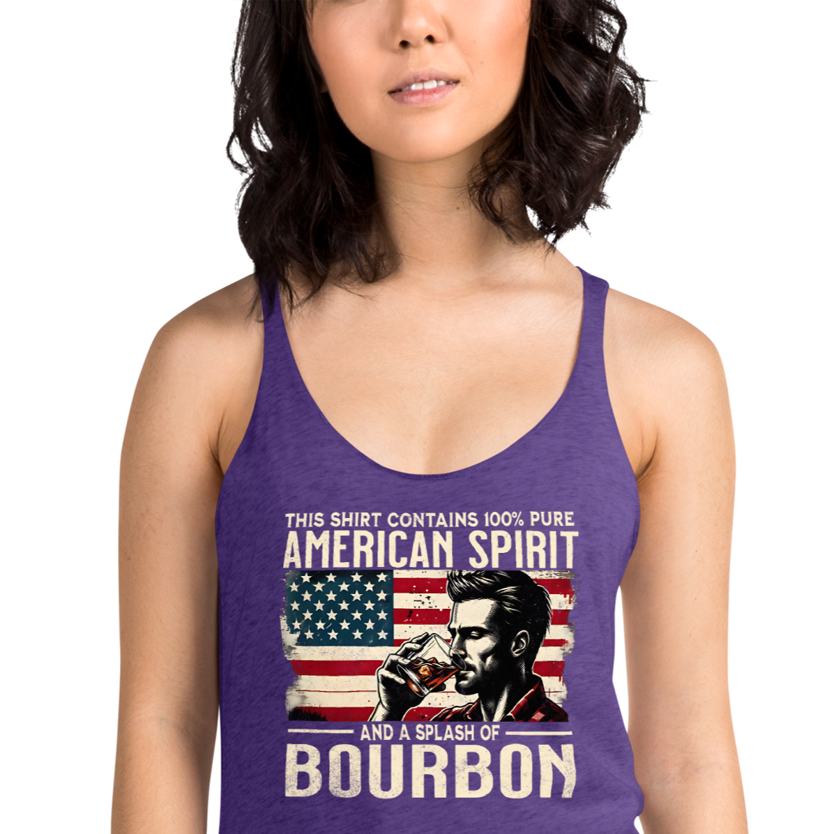 Racerback tank with 'This Shirt Contains 100% American Spirit and a Splash of Bourbon' text, man drinking a glass of bourbon, and distressed American flag background