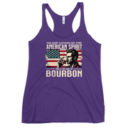 Racerback tank with 'This Shirt Contains 100% American Spirit and a Splash of Bourbon' text, man drinking a glass of bourbon, and distressed American flag background