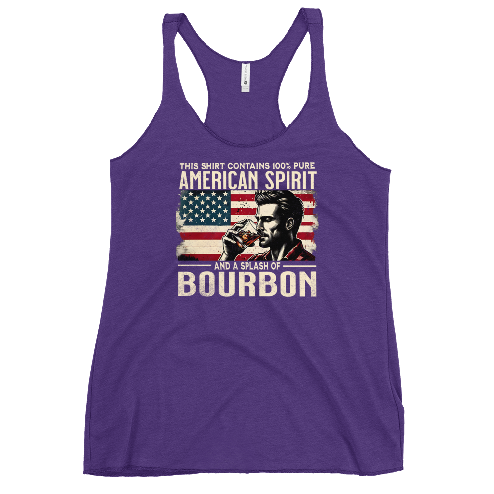 Racerback tank with 'This Shirt Contains 100% American Spirit and a Splash of Bourbon' text, man drinking a glass of bourbon, and distressed American flag background