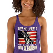 Racerback tank with Give Me Liberty or Give Me a Shot of Bourbon text, Statue of Liberty holding a shot glass, and distressed American flag background. Perfect for 4th of July.